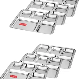 hazel Pack of 6 Stainless Steel Steel 4 Compartment Mess Plate Rectangle Bhojan Thali with Square Holes,Set of 6 Dinner Set-picture-16