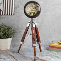 exim decor Tripod Stand Vintage Brown Wooden Table Clock image 1