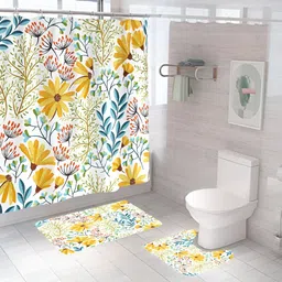 UMAI White & Yellow 3 Pieces Printed Shower Curtain & Bathmats image 1