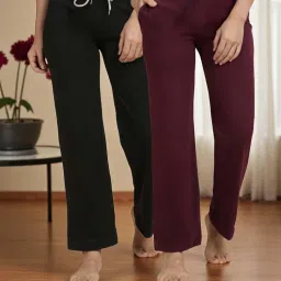 Kryptic Wine & Black Cotton Solid Mid-Rise Pyjamas (Pack of 2)-image-76