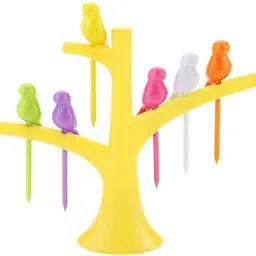red champion Bird Shape Plastic Fruit Fork Set with Tree Stand and 6 Fork Pack -2 Disposable Silicone Salad Fork, Baby Fork, Serving Fork, Fruit Fork, Dinner Fork Set image 4