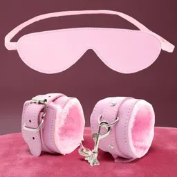 nightlife Pink Handcuff & Blind fold Premium Soft Leather Pink 2 Pcs combo For Couple image 3
