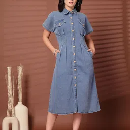 pluss Women Shirt Blue Below Knee Dress-picture-16