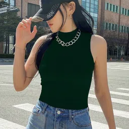 kotty Women Solid High Neck Cotton Blend Dark Green T-Shirt image 3