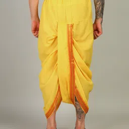 Sawariya Clothing Mens Mango Colour Panjakejam Readymade Golden Zari Border Dhoti Free size Silk Embroidered, Striped, Solid Men Dhoti-picture-36