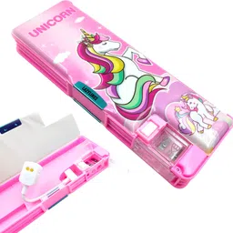 lazylines Inbuilt LED Light & Sharpener Pencil Box for Birthday Return Gift Dual Compartment and Magnetic Lock, Unicorn Art Plastic Pencil Box-picture-18