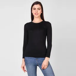 houseofcommon Women Solid Round Neck Viscose Rayon Black T-Shirt-picture-22