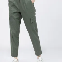 tokyo talkies Women Regular Fit Green Cotton Blend Trousers-picture-10