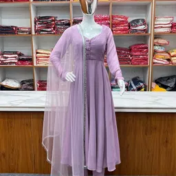 styleva Pack of 3 Women Solid Georgette Gown Kurta With Attached Dupatta image 1