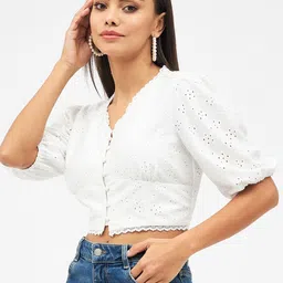 harpa Casual Regular Sleeves Self Design Women White Top image 2