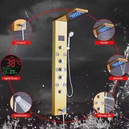 Prossimagen Thermostatic Shower Panel Stainless Steel 304 Grade Gold Color 8 in 1 System, Rainfall Shower, 8 Body Jet Spray, Handheld Shower, Temperature Display Easy Connect Shower Panel Kit image 2