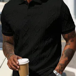 praizy Men Self Design Polo Neck Elastane Black T-Shirt image 4