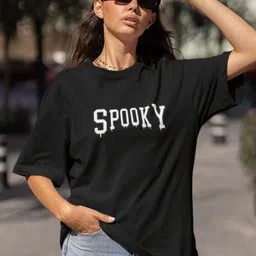 Women Typography Round Neck Cotton Blend Black T-Shirt-image-7