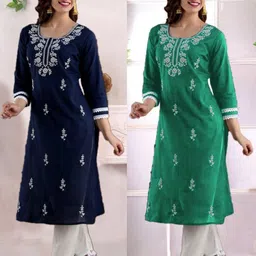 vikshi Pack of 2 Women Chikan Embroidery Cotton Blend Straight Kurta-picture-26