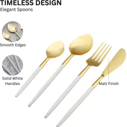 vareesha Radiant White Handle Gold Steel Flatware Set of Four - Spoons & Forks Stainless Steel Cutlery Set image 4