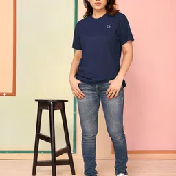 anand Women Solid Round Neck Polyester Dark Blue T-Shirt image 5