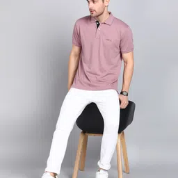 3bros Men Solid Polo Neck Cotton Blend Pink T-Shirt image 4