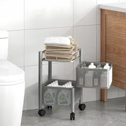 homestic 2-Tier Revolving Multipurpose Storage Rack with Wheels | Silver Iron Kitchen Trolley image 3