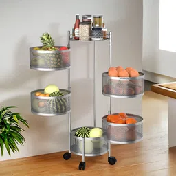 5-Tier Rotating Multipurpose Storage Rack Trolley with Wheels | Silver Iron Kitchen Trolley-image-2