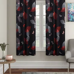 Aura Black & Red 2 Pieces Floral Printed Eyelet Window Curtains image 1