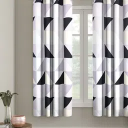 Aura White & Black 2 Pieces Geometric Printed Eyelet Window Curtains image 3