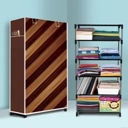 Bedroom – 5 Shelf Foldable Almirah, Portable Clothes Storage Rack for Home Space Carbon Steel Collapsible Wardrobe-image-4