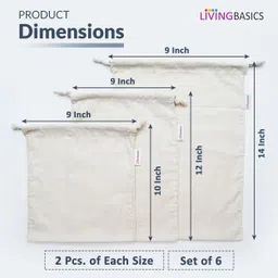 livingbasics Cotton Vegetable Bag for Fridge / Reusable Fruit Storage Pouches - Pack of 6 Grocery Bags image 5