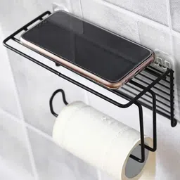 the organiser company Adhesive Toilet Paper Holder with Phone Shelf | Bathroom Tissue Roll Holder Black Towel Holder image 4