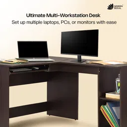 green soul Brixton L-Shaped Corner Desk (4ft+4.5ft) With Keyboard Tray & 2 Storage Shelves Engineered Wood Multipurpose Table image 3