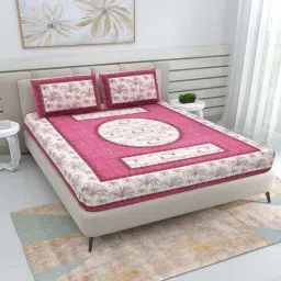 Pink Traditional 220 TC Cotton Double Queen Bedsheet with 2 Pillow Covers-image-3