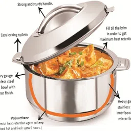 heart home Stainless Steel Casserole Double Wall Insulated hot Pot for hot Meal, chapati, Curry, Roti Warm Food Serving with lid & Handle, 1800ml (Silver) Thermoware Casserole image 3