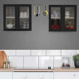 specialitypanels Aluminium Black Profile 4 Fluted Glass handless shutters Wall Cabinet in Highland Pine Finish image 2