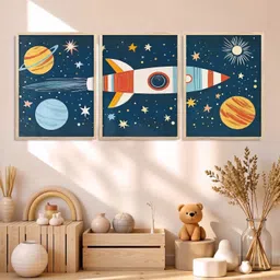 hothouse Retro Space Rocket Framed Posters for Kids Bedroom Décor | Educational Wall Décor Frame | Nursery Classroom Poster with Frames Set Of 3 Paper Print image 3