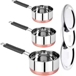 narv Stainless Steel Copper Base Sauce Pan Tea Pan, Milk Pan 3 Set Gas Compatible K1 4.3 inch, 5.9 inch, 6.6 inch Lid Set, Pack of 6 image 1