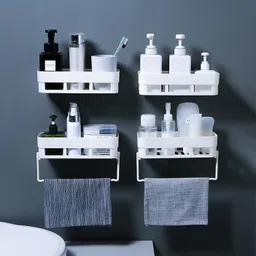 qxore Plastic Bathroom Rack Shelf (4 Bathroom Rack + 2 Towel Hanger) Plastic Wall Shelf-picture-23