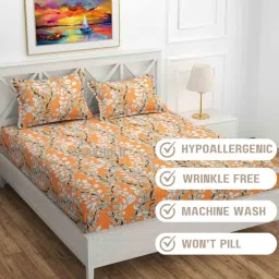 yaakholic Orange Floral 220 TC Cotton Blend Fitted Double Bedsheet With 2 Pillow Covers image 4
