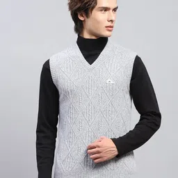 monte carlo Men Self Design V Neck Grey Sweater image 1