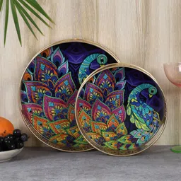 two moustaches Ethnic Indian Peacock Design Serving Trays Set (8 Inches & 10 Inches) Tray Serving Set image 3