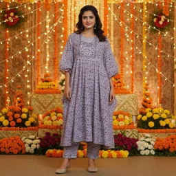 Floral Print Cotton Blend Stitched Flared/A-line Gown-image-48