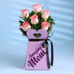 FlowerAura Premium Fresh Live Flower Bouquet of 6 Pink Roses In Box For Birthday Gift & Mother's Day Gift For Mom | Maa | Mother-In-Law | Grandmother | Mummy | Aai (Same Day Delivery) image 1