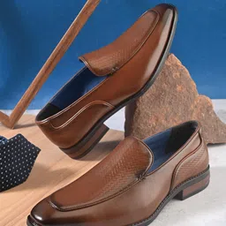 house of pataudi Men tan textured synthetic leather round toe slip on moccasins casual loafers s Loafers For Men-picture-11