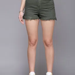 cosmic trio Dyed/Washed Women Dark Green Denim Shorts-picture-28