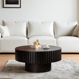 tanush furnitures Dom Sculpted Fluted Round Center Coffee Table with Matte Black Finish and Elevated Pedestal Base in Black Colour image 1
