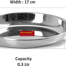 sumeet Stainless Steel Heavy Gauge Medium Halwa Plates with Mirror finish 17cm Dia - Set of 6pc Quarter Plate image 4