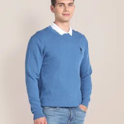 u.s. polo assn. Men Self Design Crew Neck Blue Sweater-picture-19