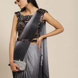Grancy Women Black & Grey Ombre Effect Embroidered Detail Ready to Wear Saree-picture-29