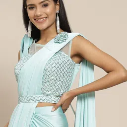 Grancy Turquoise Blue Solid Sequinned Ready to Wear Saree-picture-26