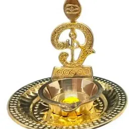 kalais Om Vilakku With Plate Diya Brass Oil Lamp for Pooja,Handcrafted Spiritual Gift Brass Table Diya Set image 1