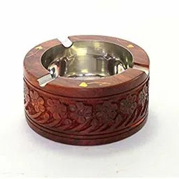 crafthub Handmade Wooden Round Shaped Home and Office Ashtray for Cigar and Cigarettes 1pc (12x12cm) Brown Wood Ashtray image 3