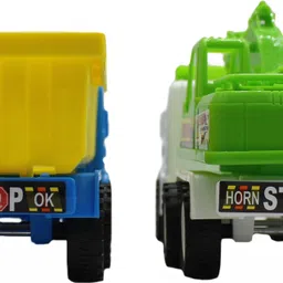 neoinsta shopping Set of 2 Combo Friction powered White|Green JCB and Blue|Yellow dumper trucks image 3